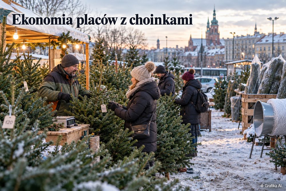Sprzedaż choinek na sezonowym placu w mieście