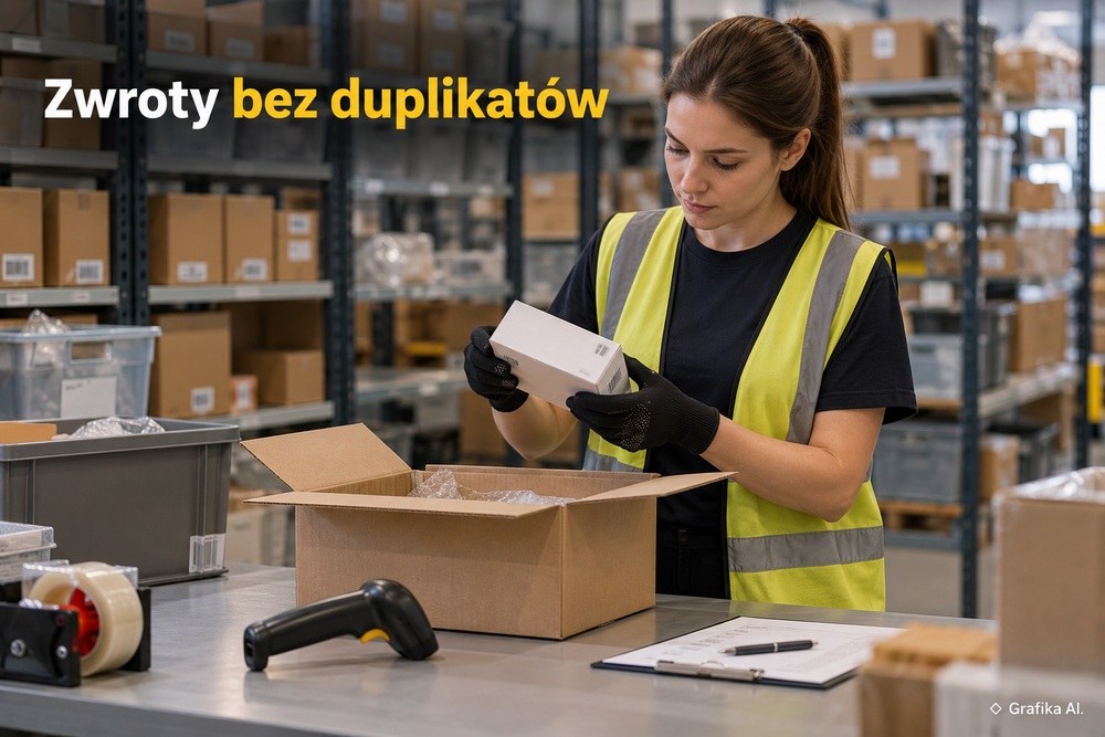 Kontrola zwróconego produktu przy stanowisku magazynowym – grafika AI