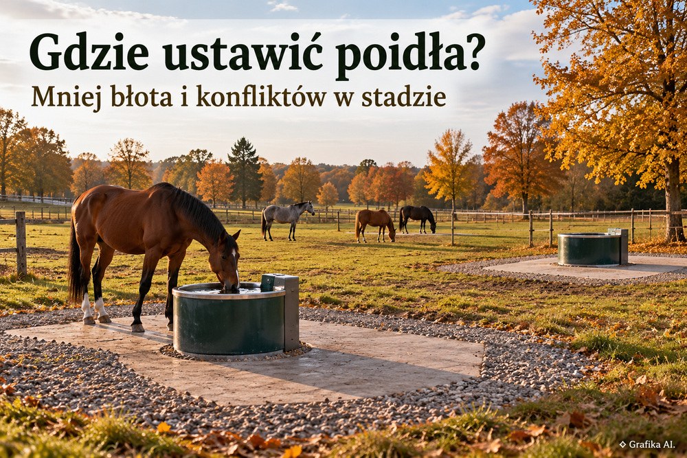 Dwa oddalone punkty pojenia na utwardzonych stanowiskach na padoku – ilustracja AI